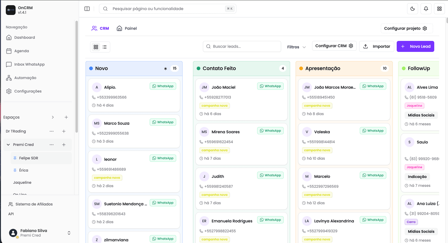 Pipeline de leads do OnCRM em kanban com etapas comerciais
